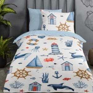 Maritiem beddengoed met nautische motieven en planten