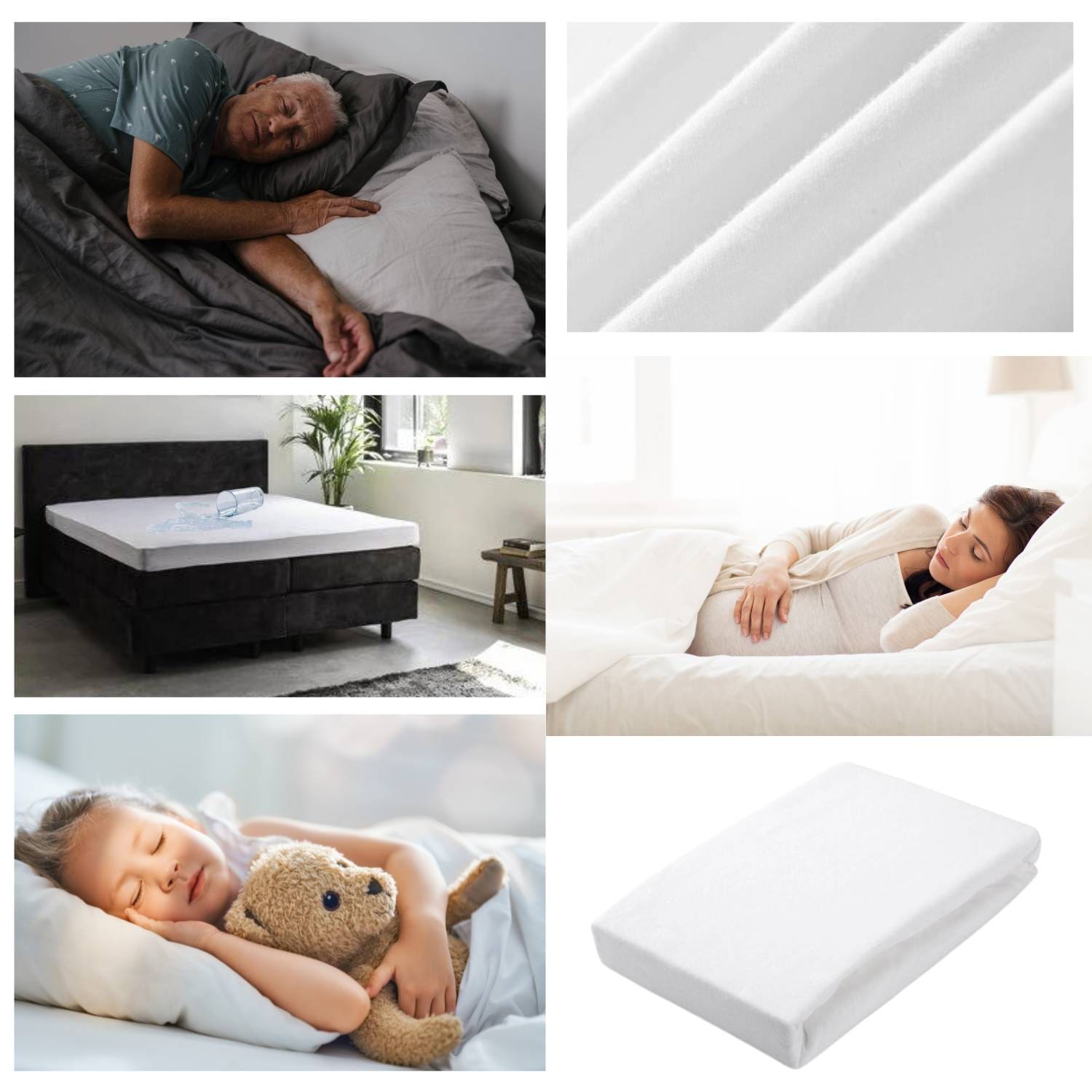 Collage van mensen die slapen en beddengoed.