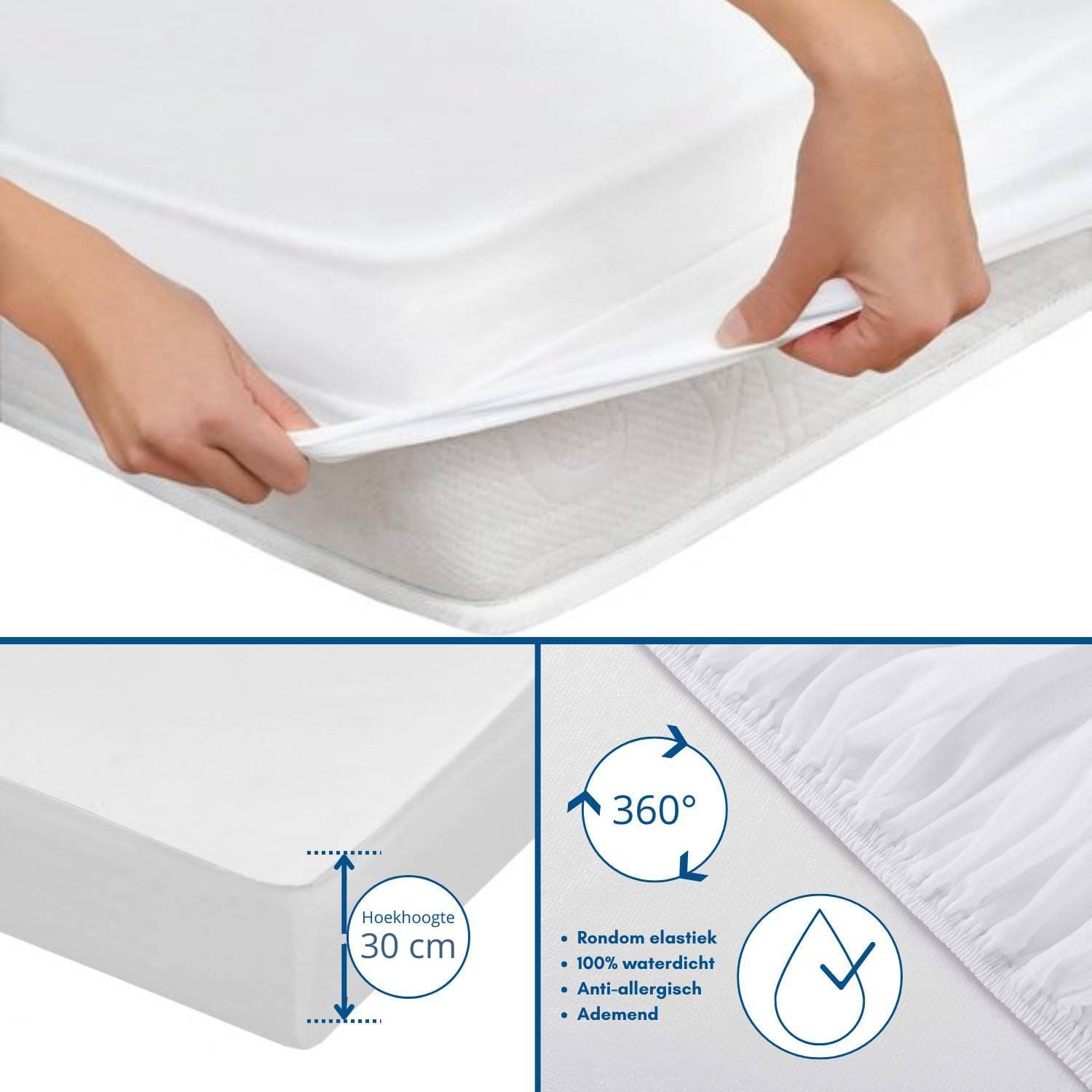 Waterdicht matrasbeschermer met elastiek en ademend materiaal.