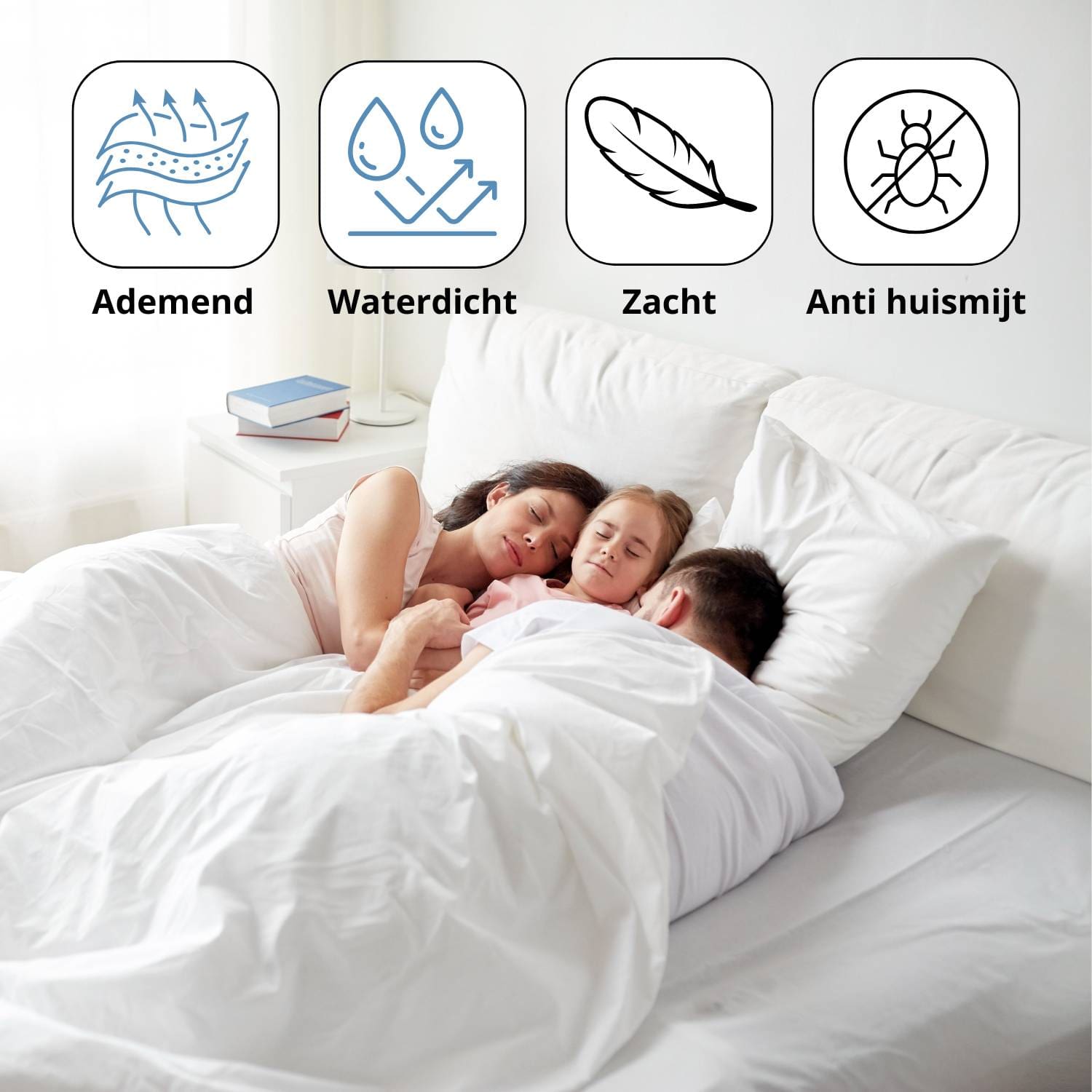 Comfortabele, ademende, anti-allergie, waterdichte dekens in bed.
