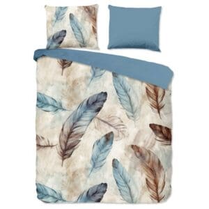 Dekbedovertrek met verenontwerp in blauw en bruin