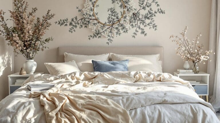 Een sfeervolle slaapkamer met een luxe uitstraling, gevuld met zachte, natuurlijke kleuren zoals crème en diepblauw, voorzien van een ademend katoen-satijnen dekbedovertrek.