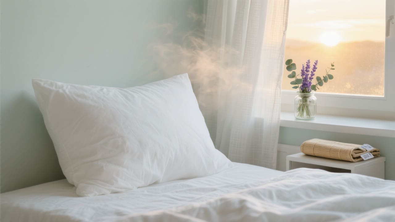 Frisse slaapkamer met wit percale kussen bij open raam in de ochtendzon, lavendel op vensterbank, en bamboe-kussenbeschermer op nachtkastje
