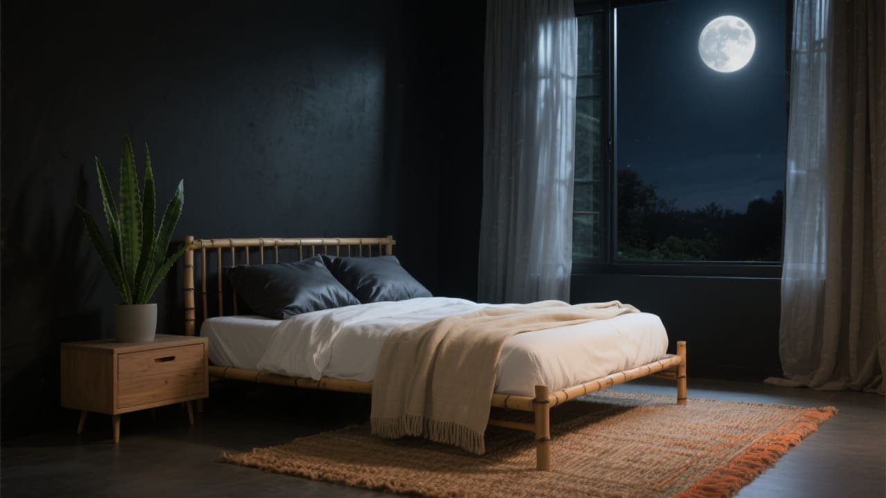 Moderne slaapkamer in zwart, linnen en percale katoen tijdens een warme augustusnacht, met open raam en maanlicht