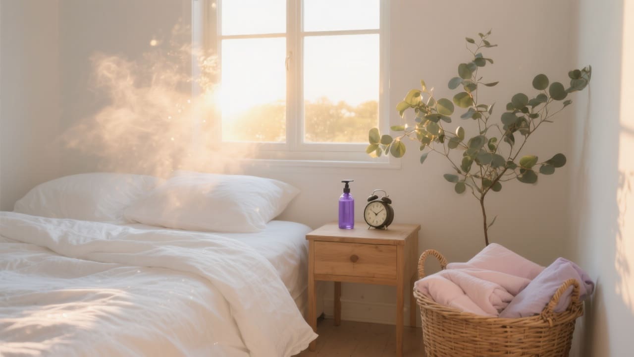Scandinavische slaapkamer in het ochtendlicht met opengeslagen wit katoenen dekbedovertrek, lavendelspray en mand met pastel beddengoed