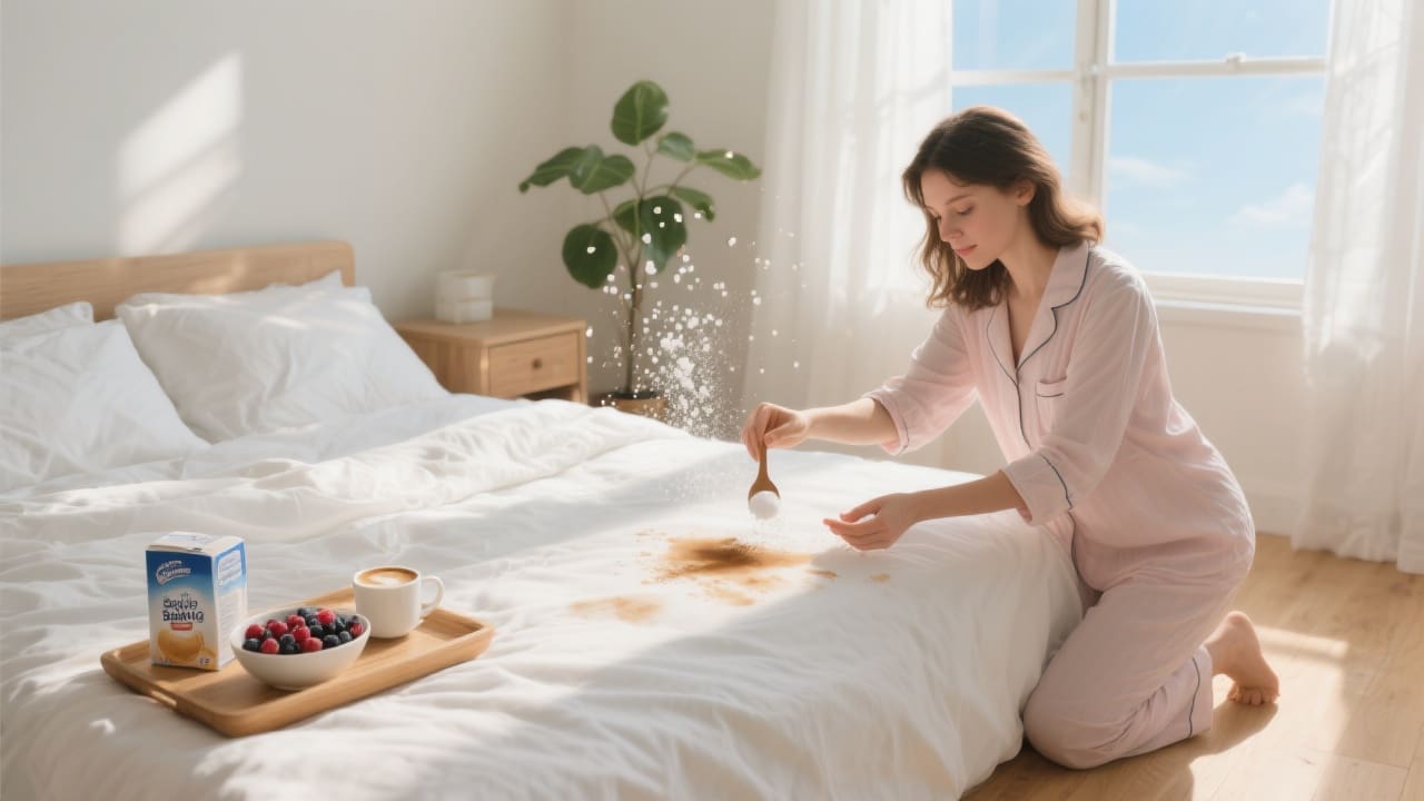 Vrouw strooit baking soda op koffievlek op wit katoensatijnen dekbedovertrek in zonovergoten slaapkamer