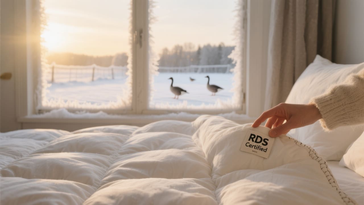 Scandinavische slaapkamer in winterlicht met RDS-gecertificeerd donzen dekbed