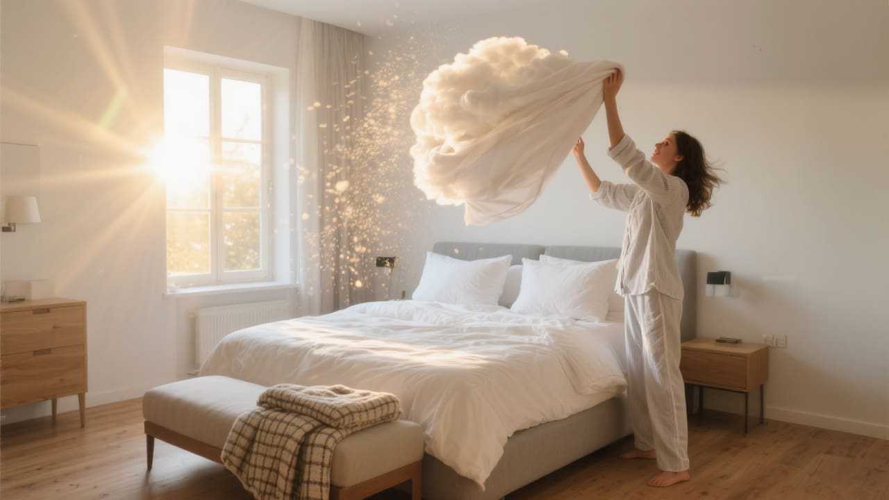 Vrouw klopt 's ochtends een wit katoen-satijn dekbed op in een lichte slaapkamer met hoteluitstraling