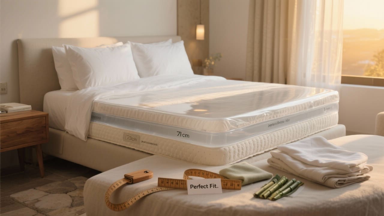 Boutique-hotel slaapkamer met topper en normaal hoeslaken zichtbaar, ochtendlicht op beddengoed