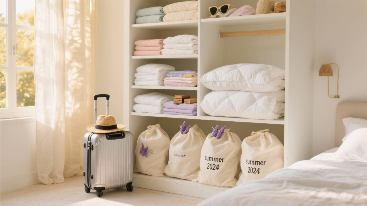 Heldere slaapkamer net voor zomervakantie met open kast waarin fris gewassen beddengoed keurig ligt opgeborgen naast lavendelzakjes en cederhoutblokken