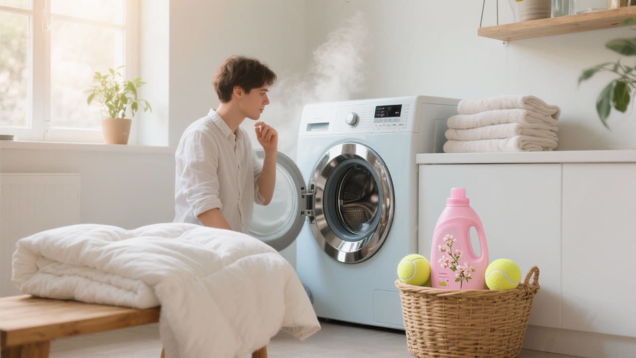 Jongvolwassene kijkt naar wasmachine met dekbed en wasmiddel klaar