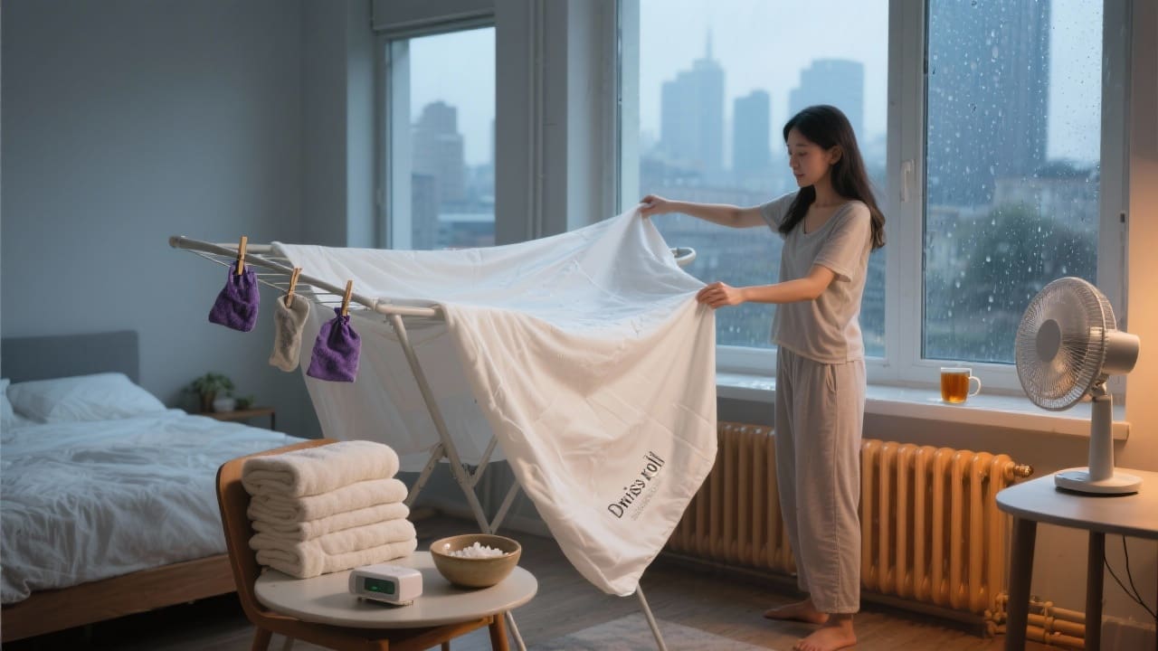 Kim droogt een wit Dreamtextiel katoensatijnen laken op een droogrek in haar appartement, geholpen door ventilator, radiator en zeezout in een kom.