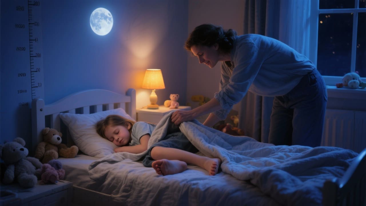 Kind slaapt met te klein dekbed, ouder tukt dekentje toe, sfeervolle kinderkamer in maanlicht