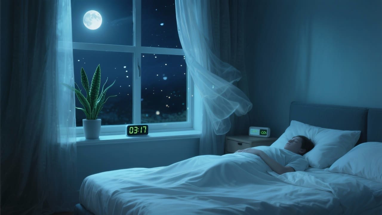 Photorealistic cinematic night-time bedroom interior at 3:17 AM, a window slightly ajar lets in a gentle moonlit breeze, delicate glowing particles of fresh air swirl across crisp white cotton-satin bedding, a relaxed sleeper lies peacefully under the sheets, gauzy curtains billow softly, a sansevieria plant sits on the sill, a digital clock reads 03:17 beside a subtle CO₂ meter on the nightstand, palette of deep indigo, soft teal and silvery highlights