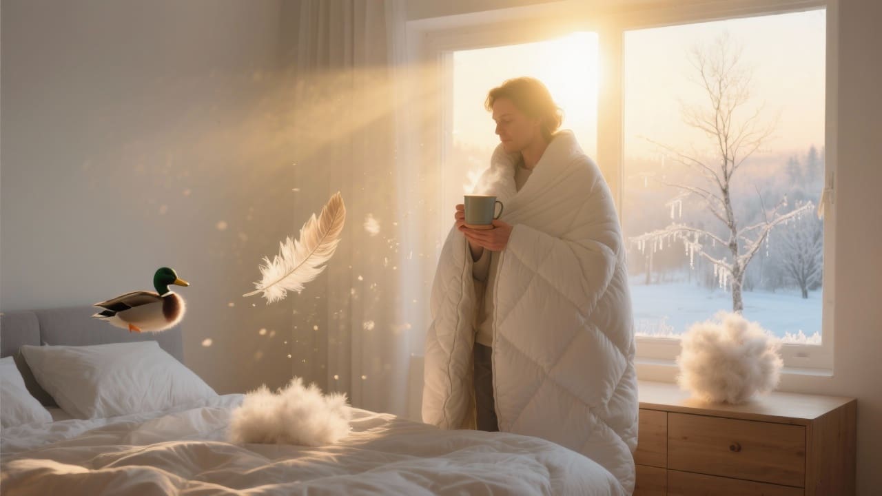 Sfeervolle slaapkamer in het vroege voorjaar met zonlicht en donsdekbed; afgebeeld persoon geniet met een kop thee