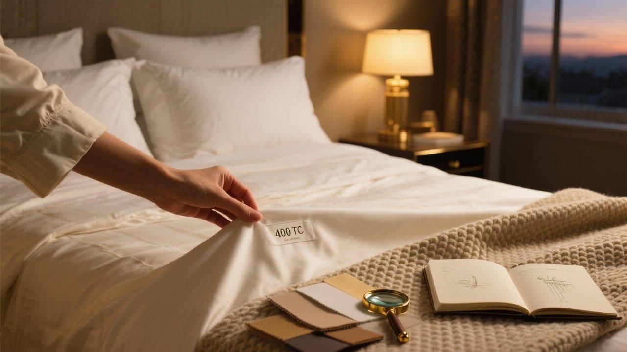 Ultra-high-resolution editorial illustration of a sophisticated bedroom at dusk with 400 TC sheets, satin duvet and percale pillows.